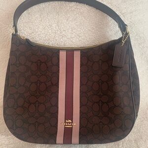 Coach Brown Signature Hobo with Pink and Burgundy Center Stripes